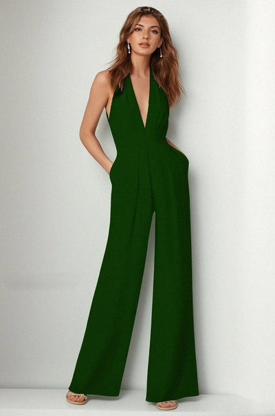 Woman wearing Green Sleeveless Jumpsuit and Wide Leg & Deep V Neck