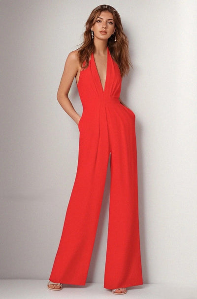 Woman wearing Red Sleeveless Jumpsuit and Wide Leg & Deep V Neck