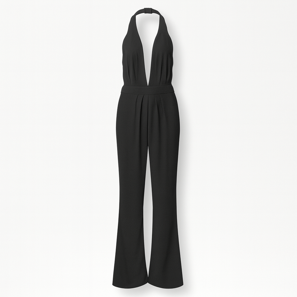Black Women's Sleeveless Jumpsuit and Wide Leg & Deep V Neck