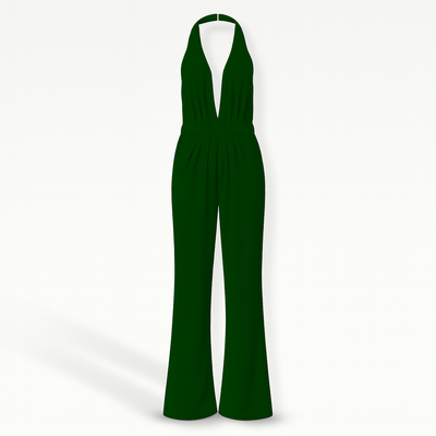 Green Women's Sleeveless Jumpsuit and Wide Leg & Deep V Neck