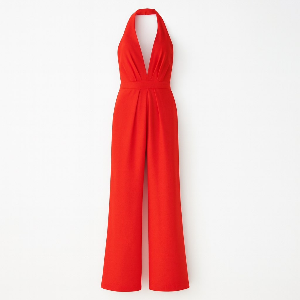 Red Women's Sleeveless Jumpsuit and Wide Leg & Deep V Neck