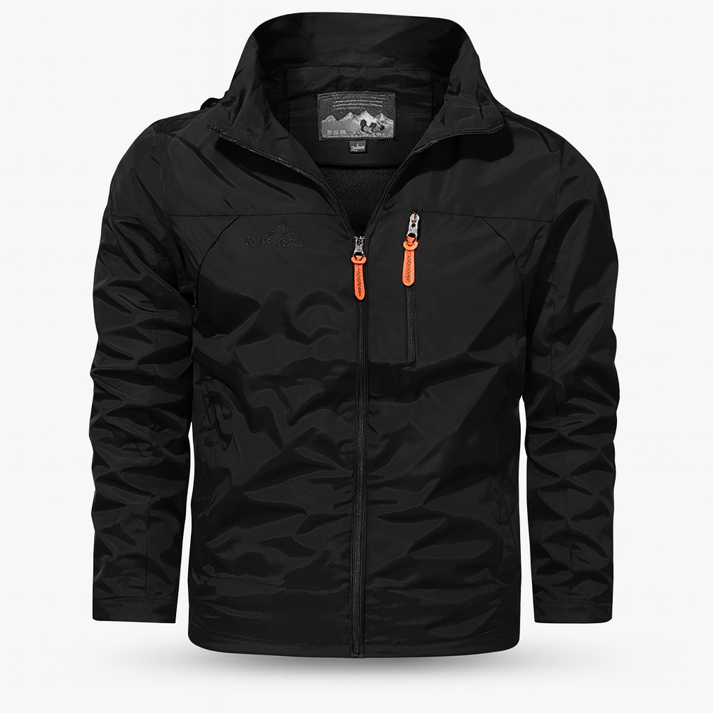 Black Men's autumn outer jacket with water-repellent layer and sporty zip closure