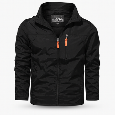 Black Men's autumn outer jacket with water-repellent layer and sporty zip closure
