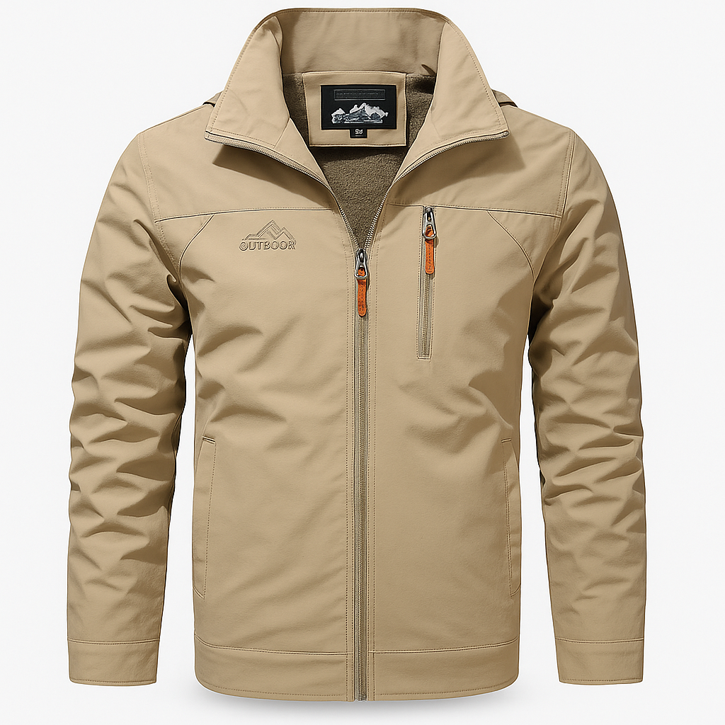 Beige Men's autumn outer jacket with water-repellent layer and sporty zip closure
