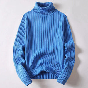 Pull bleu col roulé en maille côtelée, manches longues, style décontracté. Mode hiver, tendance, confortable, chaud, pour homme ou femme.