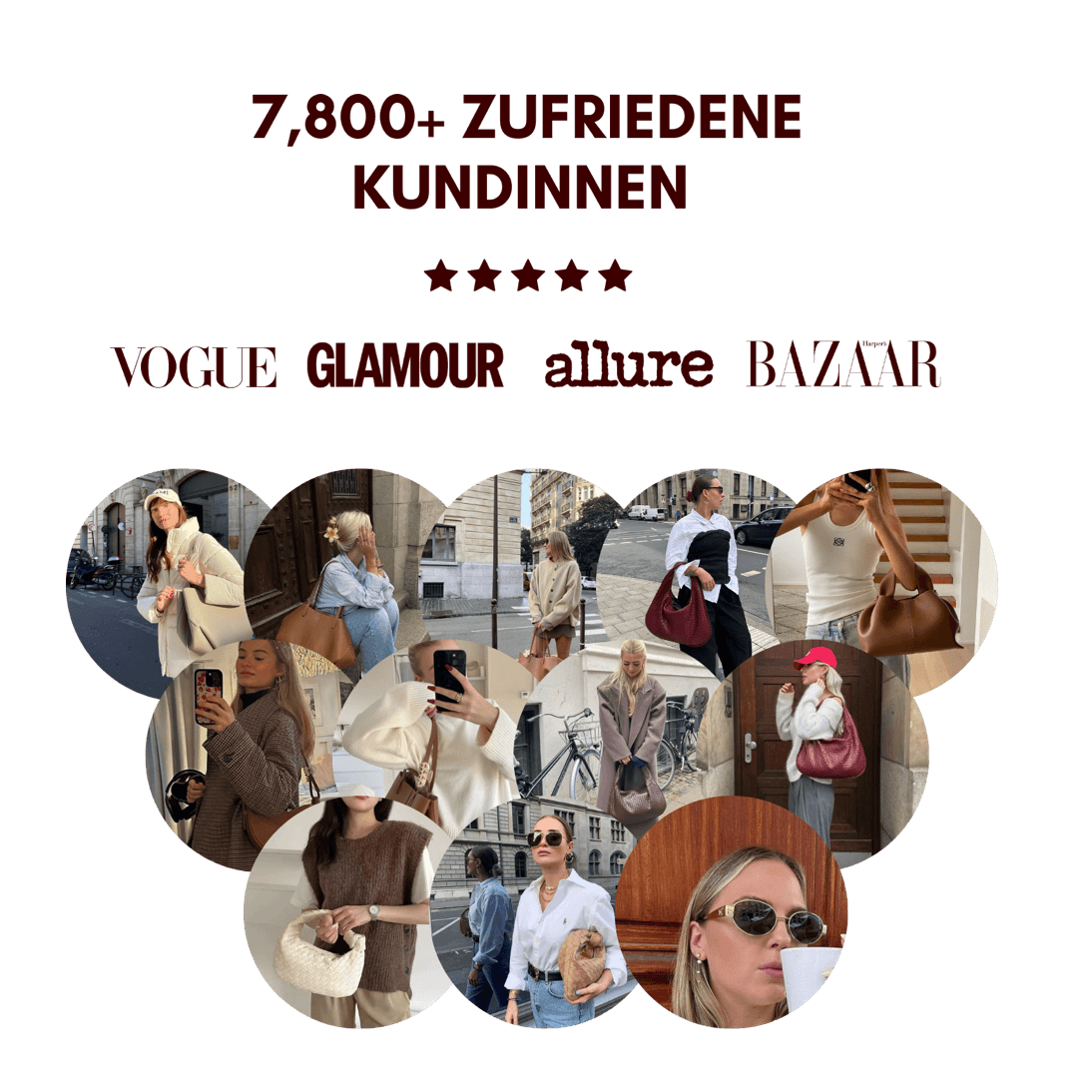 Collage de mode avec femmes élégantes portant des tenues tendance, sacs à main et accessoires. Mentions de Vogue, Glamour, Allure, Bazaar.