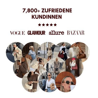 Collage de mode avec femmes élégantes portant des tenues tendance, sacs à main et accessoires. Mentions de Vogue, Glamour, Allure, Bazaar.