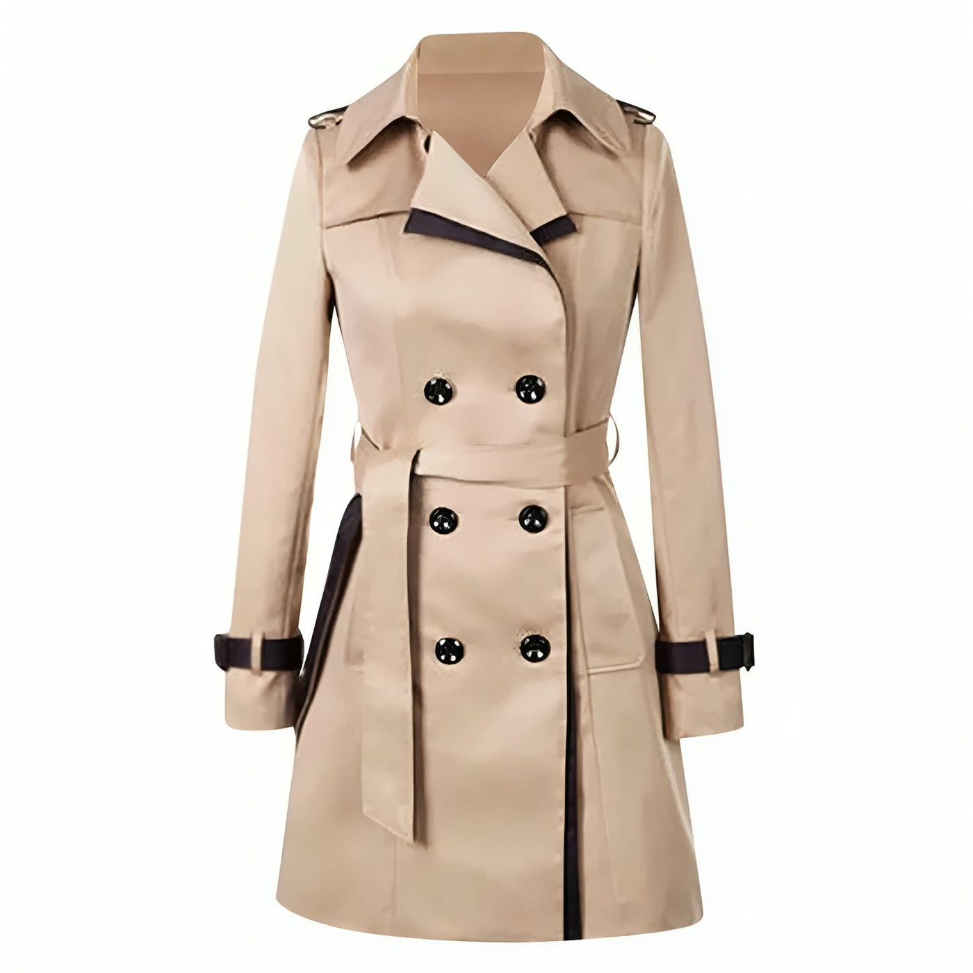 Trench-coat beige élégant pour femme, double boutonnage, ceinture assortie, style classique, mode automne-hiver, vêtement chic et intemporel.