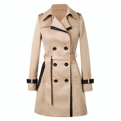 Trench-coat beige élégant pour femme, double boutonnage, ceinture assortie, style classique, mode automne-hiver, vêtement chic et intemporel.