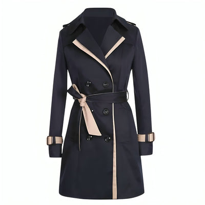 Trench-coat bleu marine élégant avec ceinture, boutons noirs et détails beiges, mode automne-hiver, vêtement femme chic et tendance.