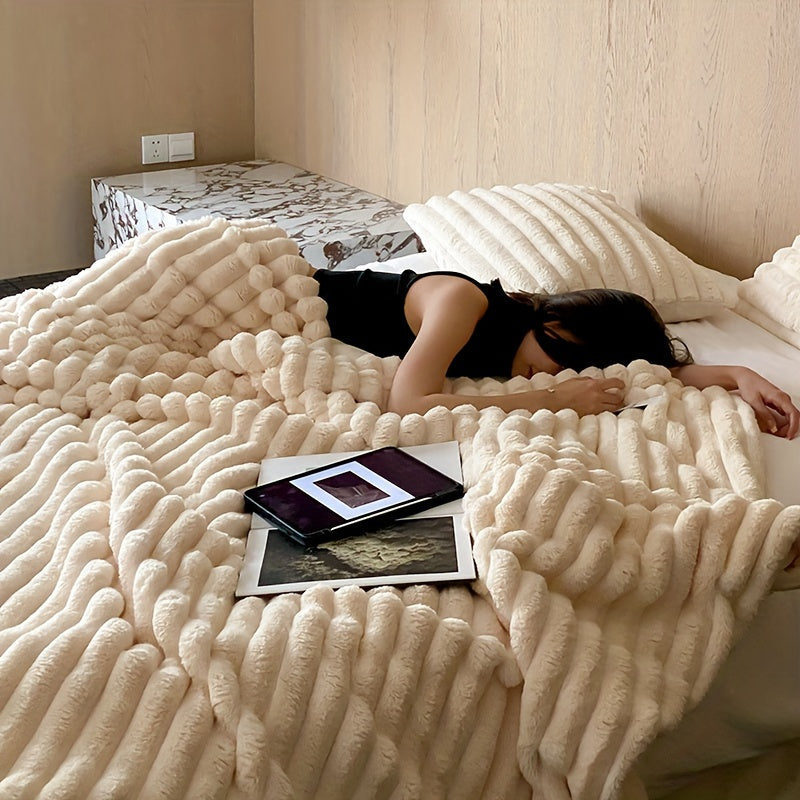 Femme dormant sur un lit avec couverture en fausse fourrure beige, tablettes posées à côté, chambre moderne. Confort, détente, technologie.