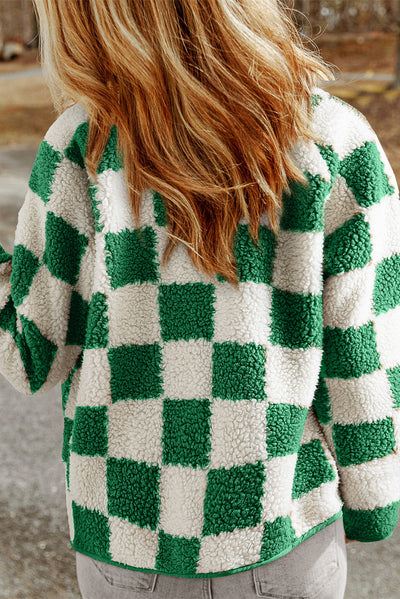 Veste à carreaux en sherpa à boutons-pression pour femmes