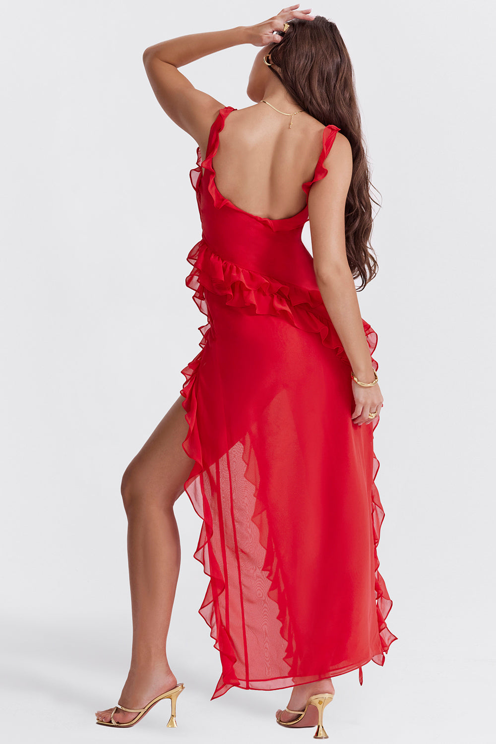 Melantha Robe pour femme - Bretelles réglables - Détail des volants - Fente haute - Coupe élégante