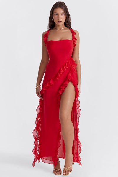 Melantha Robe pour femme - Bretelles réglables - Détail des volants - Fente haute - Coupe élégante