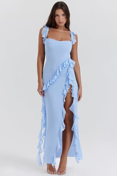 Melantha Robe pour femme - Bretelles réglables - Détail des volants - Fente haute - Coupe élégante