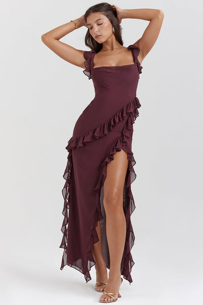 Melantha Robe pour femme - Bretelles réglables - Détail des volants - Fente haute - Coupe élégante