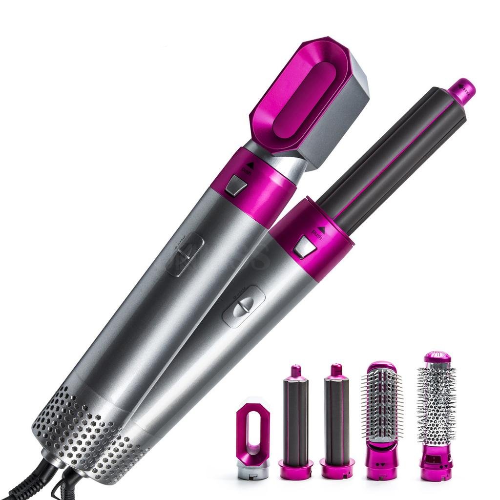 Sèche-cheveux multifonction gris et rose avec accessoires interchangeables, idéal pour coiffure, brushing, boucles. Outil coiffant innovant et polyvalent.