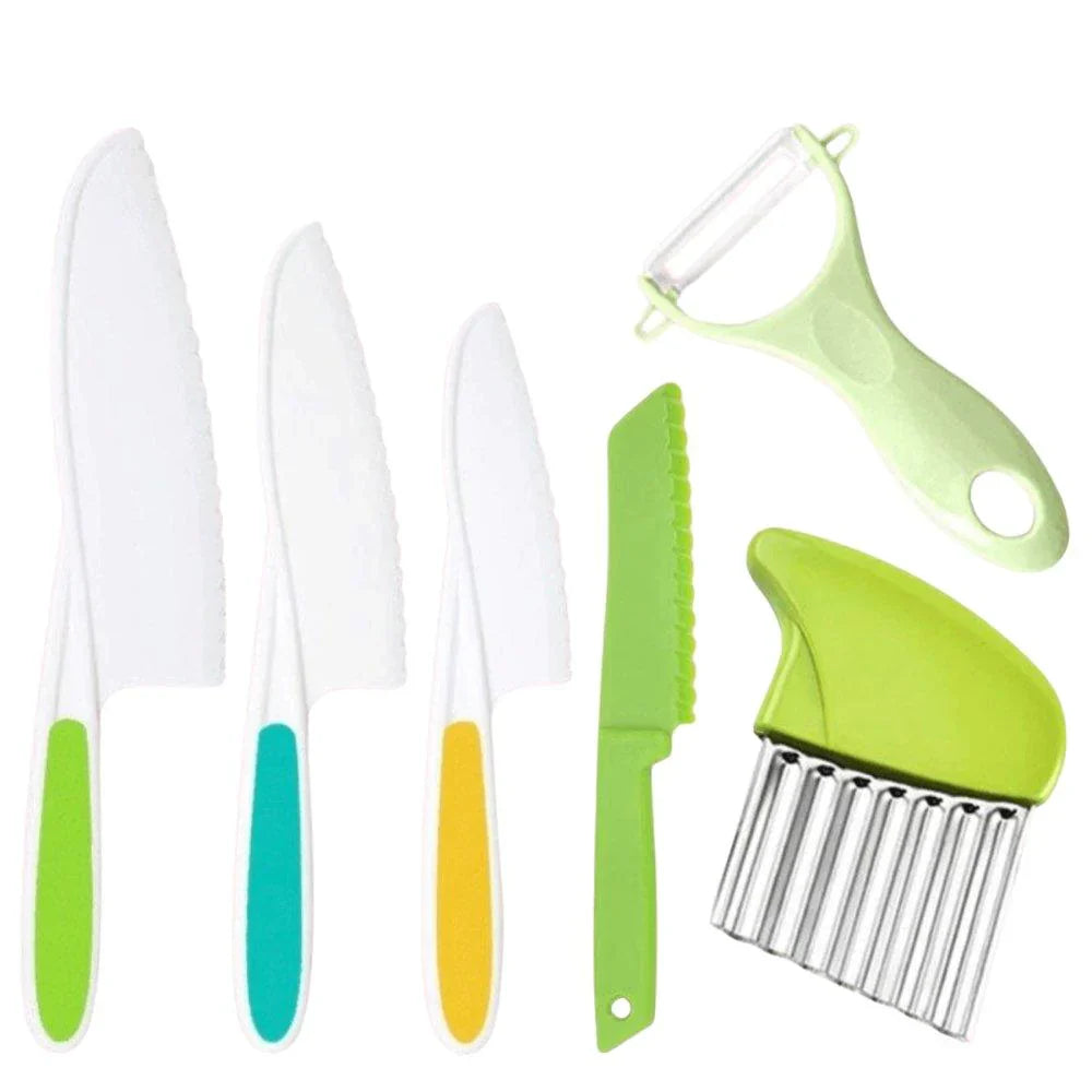 Couteaux en plastique colorés et éplucheur vert, ensemble d'ustensiles de cuisine pour enfants, sécurité, apprentissage culinaire, accessoires éducatifs.