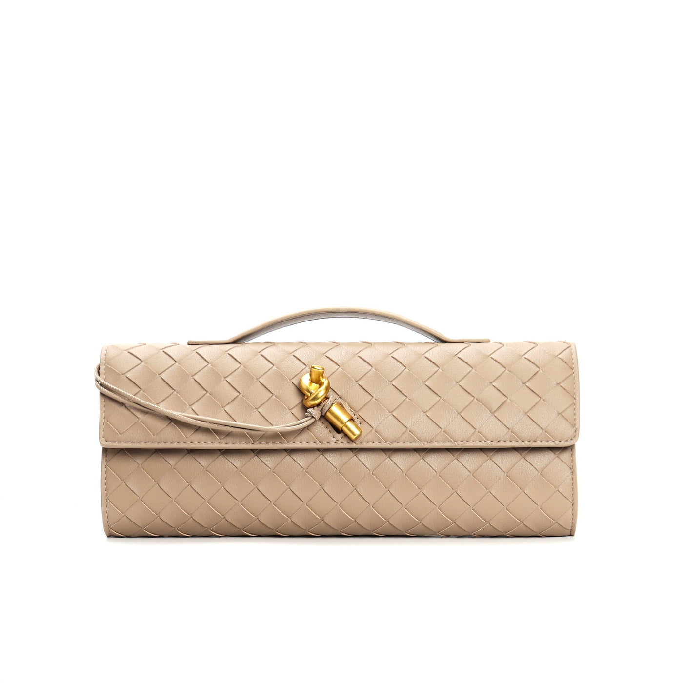 Sac à main en cuir beige tressé avec fermoir doré, design élégant et moderne. Accessoire de mode luxueux pour femme, style chic et sophistiqué.