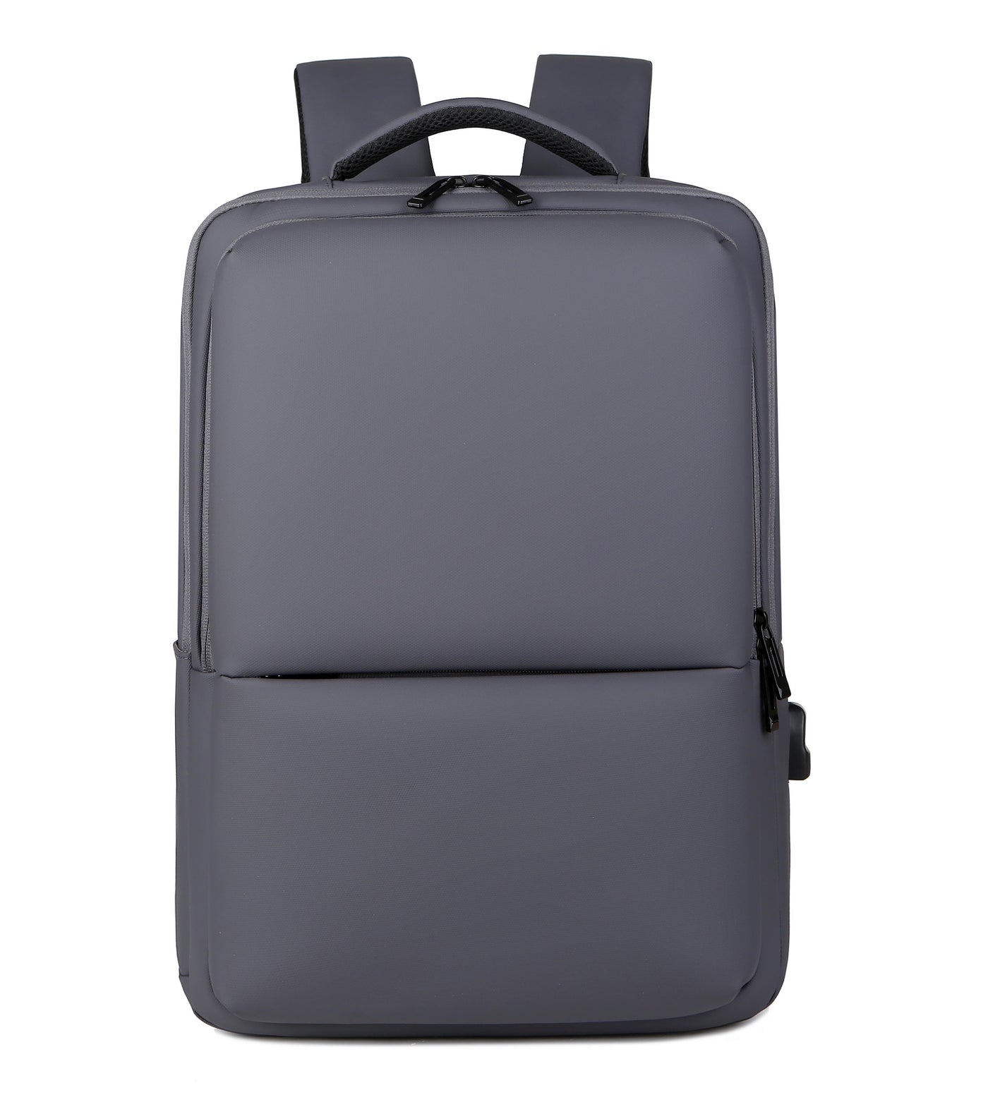 Sac à dos gris moderne et minimaliste, avec bretelles rembourrées, poche avant zippée, idéal pour ordinateur portable et usage quotidien.