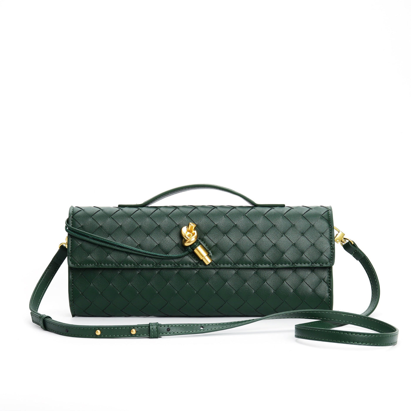 Sac à main en cuir vert tressé avec bandoulière ajustable et fermoir doré, design élégant et moderne, accessoire de mode tendance pour femme.