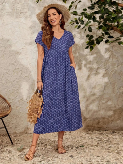 Aganietta - Nouvelle robe vintage à col en V en lin et coton