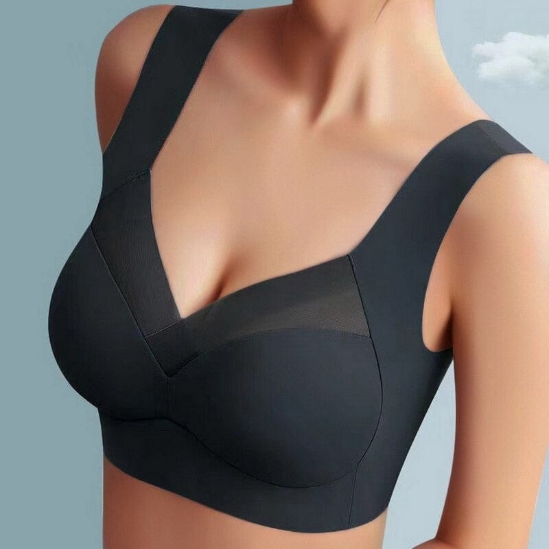Soutien-gorge noir sans couture, design moderne, bretelles larges, confort optimal, lingerie féminine élégante, fond bleu ciel.