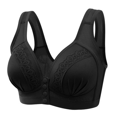 Soutien-gorge noir sans armature, design en dentelle, fermeture avant à boutons, bretelles larges, confort et maintien optimal pour femme.
