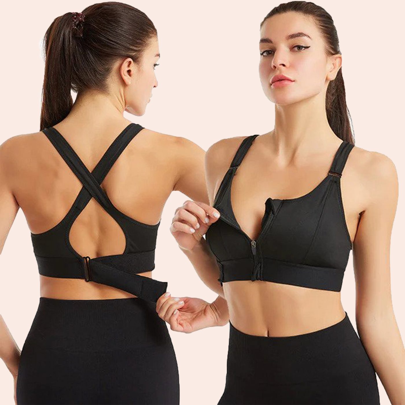 Deux femmes portant un soutien-gorge de sport noir avec fermeture éclair et bretelles croisées, idéal pour fitness et yoga. Confort et maintien optimal.
