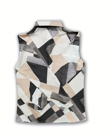 Gilet sans manches à motifs géométriques noir, blanc et beige, style moderne, col chemise, tissu léger. Mode tendance, vêtement chic.