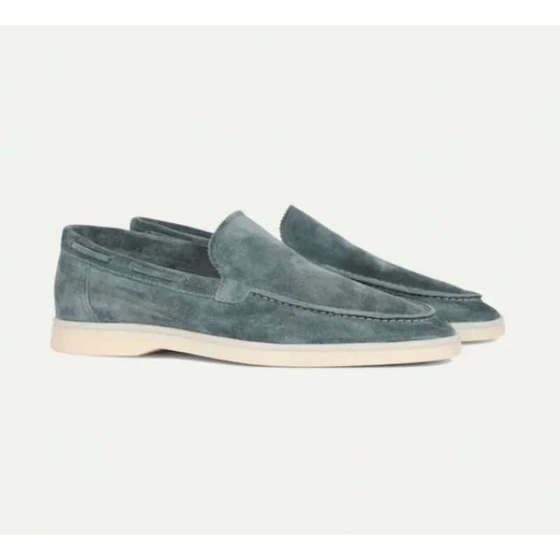 Mocassins en daim bleu-vert pour homme, semelle blanche, style élégant et décontracté, chaussures tendance, confortables pour toutes occasions.