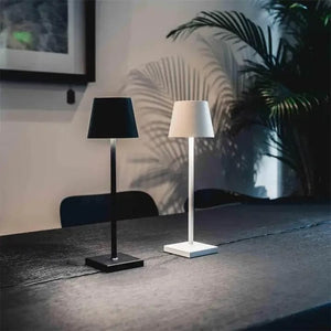 Deux lampes de table modernes, une noire et une blanche, sur une table en bois sombre, éclairant subtilement un intérieur élégant avec plante verte.