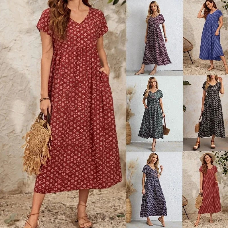 Aganietta - Nouvelle robe vintage à col en V en lin et coton