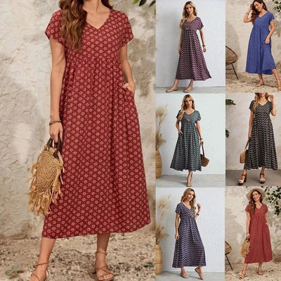 Aganietta - Nouvelle robe vintage à col en V en lin et coton