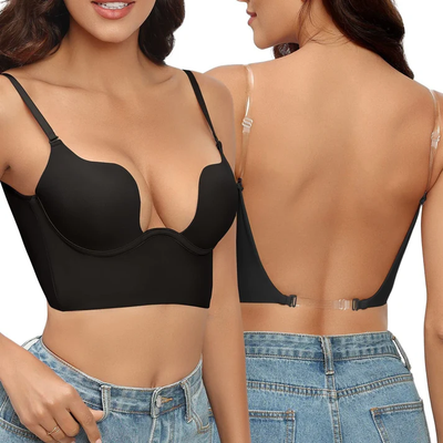 Femme portant un soutien-gorge noir dos nu avec bretelles transparentes, idéal pour tenues décolletées. Mode lingerie féminine élégante et moderne.