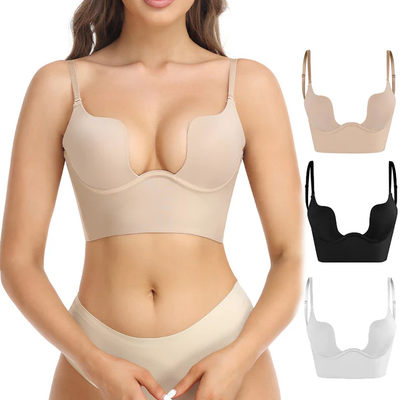 Femme portant un soutien-gorge push-up beige, avec trois variantes de couleurs en arrière-plan : noir, blanc et beige. Lingerie confortable et élégante.