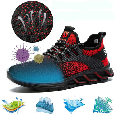 Chaussure de sport rouge et noire avec semelle amortissante, respirante et résistante à l'eau. Design moderne, idéale pour la course et le fitness.