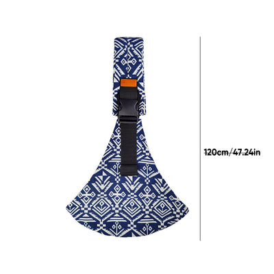 Sangle de guitare bleue à motifs géométriques blancs, longueur ajustable 120 cm, design ethnique, accessoire musical pour guitaristes.