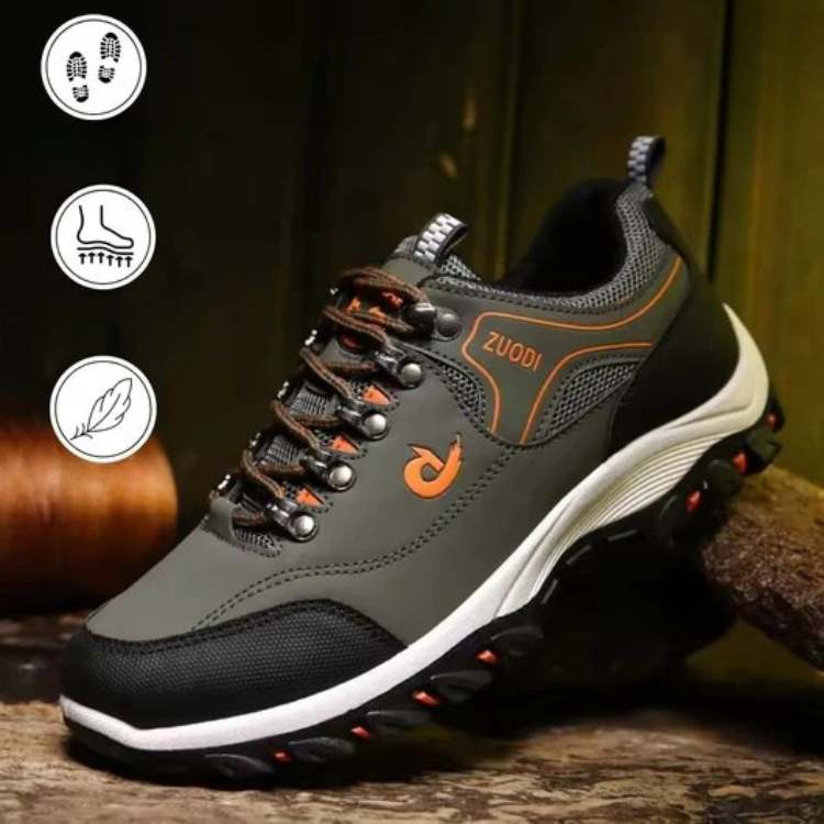 Chaussure de randonnée imperméable pour homme, couleur gris et noir, semelle antidérapante, lacets robustes, idéale pour trekking en plein air.