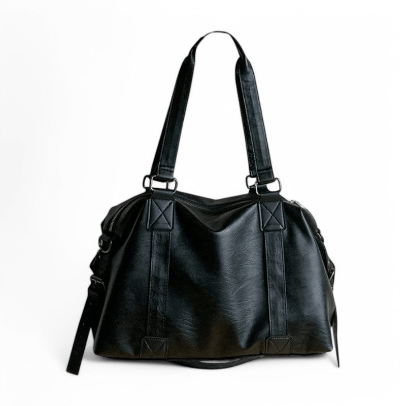Sac à main noir en cuir synthétique avec doubles anses, design moderne et élégant, idéal pour femme, accessoire mode tendance.