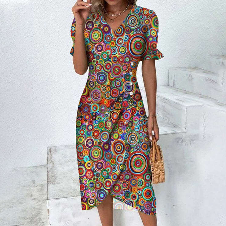 Robe colorée à motifs circulaires multicolores, manches courtes, portée par une femme tenant un sac en osier, debout près d'escaliers blancs.