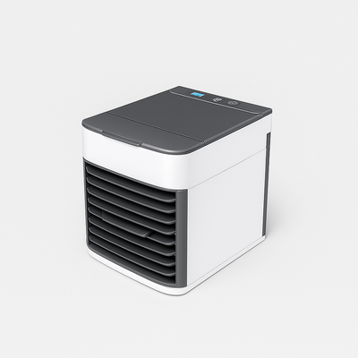 Climatiseur portable compact blanc et noir sur fond blanc, avec commandes numériques sur le dessus. Idéal pour rafraîchir les petits espaces.