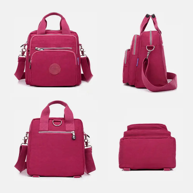 Sac à main rose multifonctionnel en toile, avec bandoulière réglable, poches zippées, design moderne. Accessoire mode femme pratique et élégant.