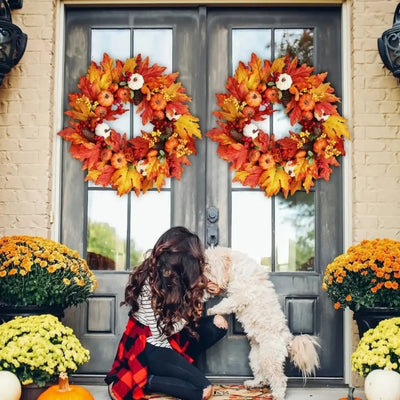 Couronne de feuilles d'érable avec citrouille - Décoration de porte d'automne