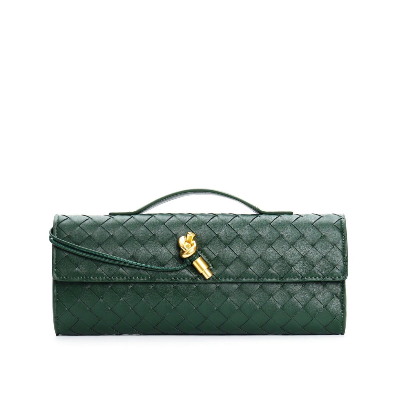 Sac à main vert en cuir tressé avec fermoir doré, design élégant et moderne, accessoire de mode tendance pour femmes, style luxueux et chic.