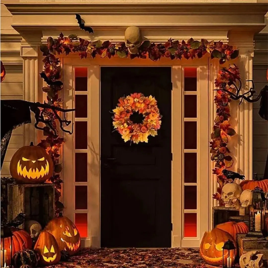 Couronne de feuilles d'érable avec citrouille - Décoration de porte d'automne