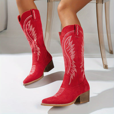 Botas vaqueras bordadas para mujer, punta puntiaguda y tacón medio