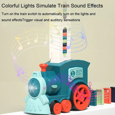 Locomotive jouet bleu avec lumières colorées, effets sonores de train, et dominos. Jouet éducatif interactif pour enfants, stimulation visuelle et auditive.