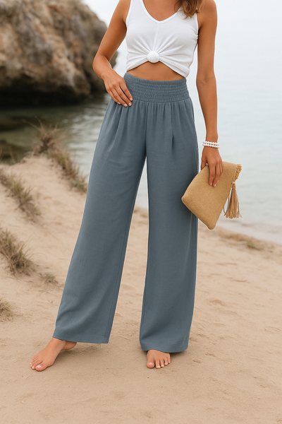 Pantalon large été femme tissu léger taille élastique coupe fluide