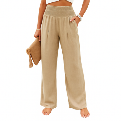 Pantalon large été femme tissu léger taille élastique coupe fluide